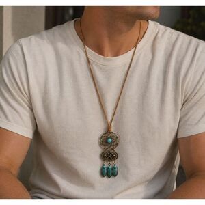 Dreamcatcher Style Pendant Necklace, Bronze Tone Turquoise Accent